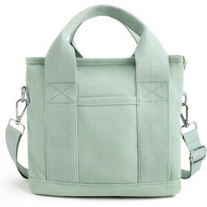 Women's Green Canvas Tote Bag With Multi Pockets Mini Shoulder Bags With Zipper